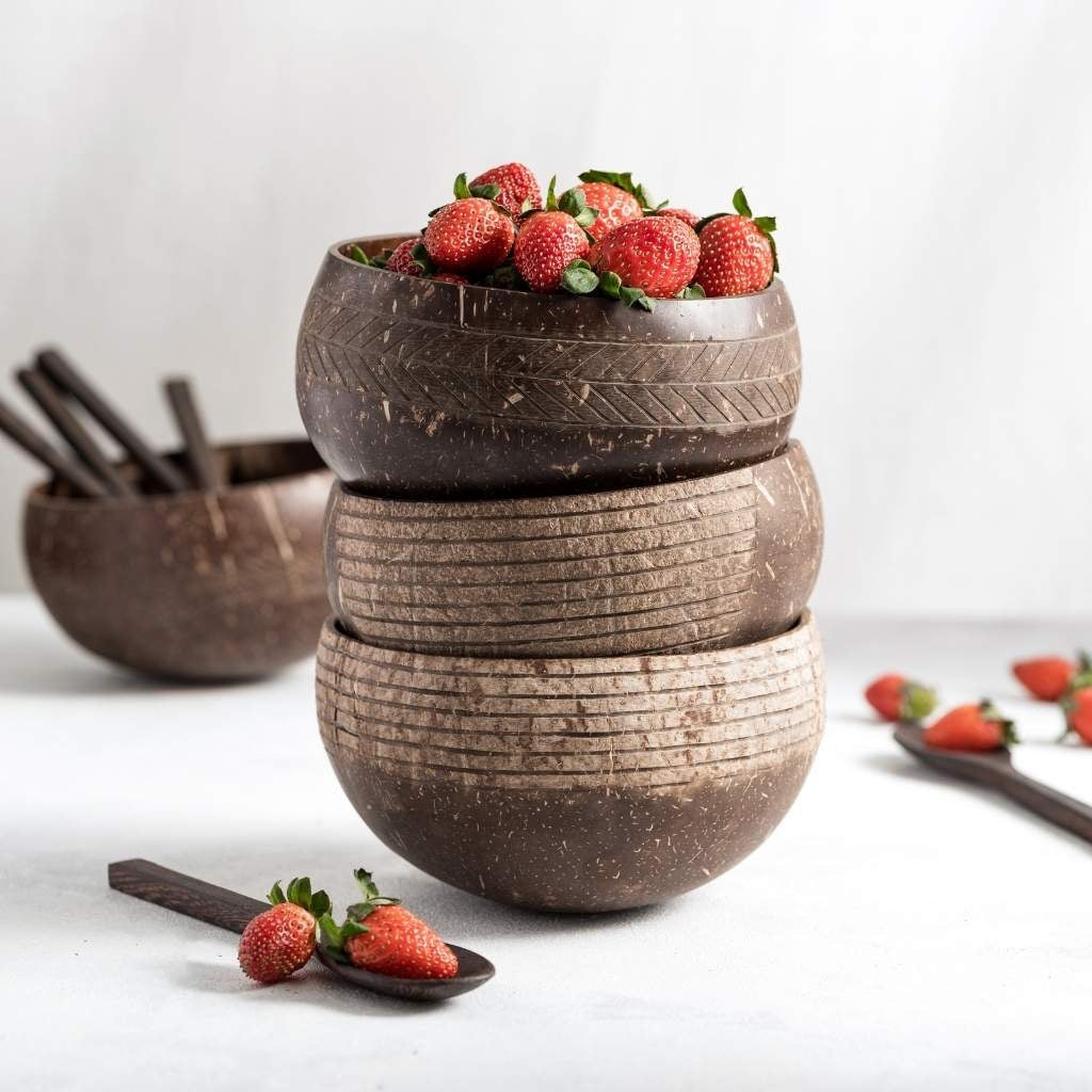 Three coconut bowls with spoons and strawberries
