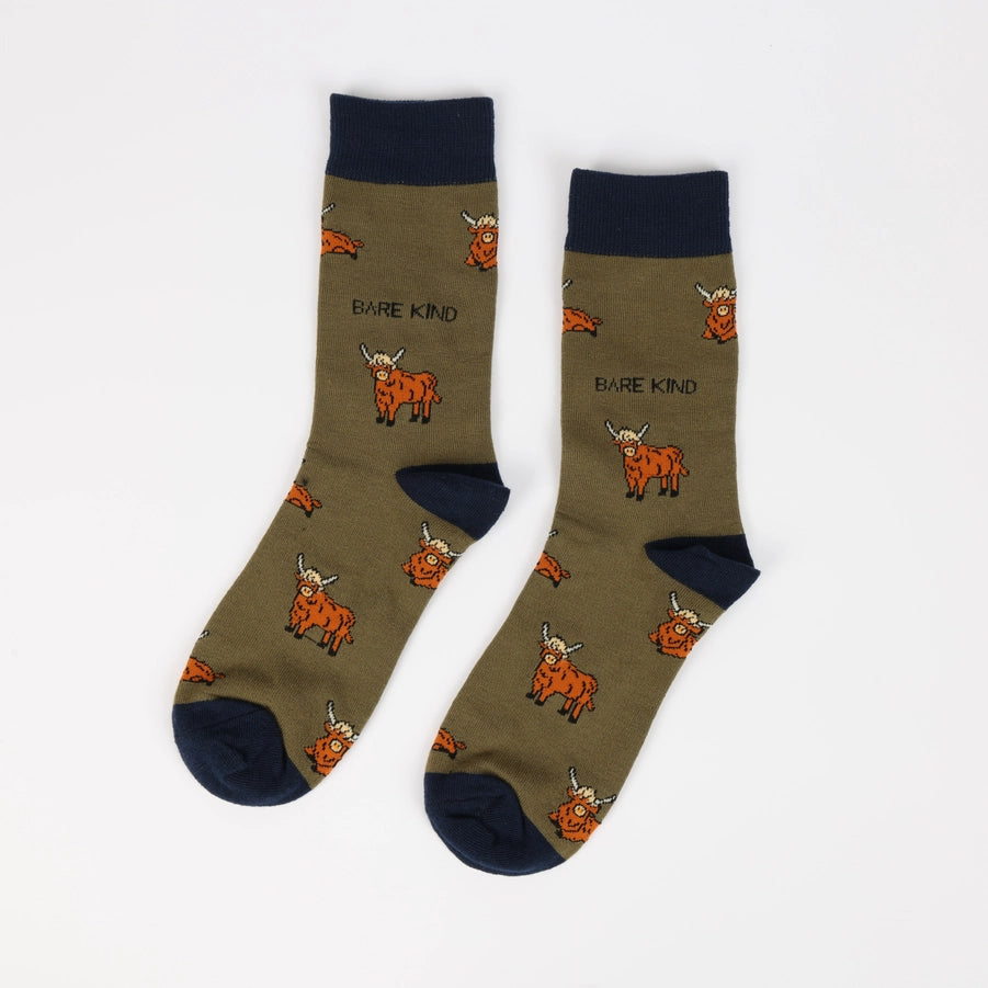 Highland Cow Socks | Bamboo Socks | Green Socks | Farm Socks