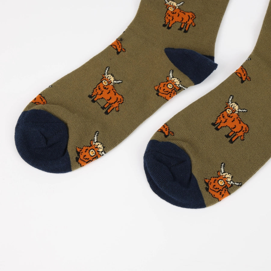Highland Cow Socks | Bamboo Socks | Green Socks | Farm Socks