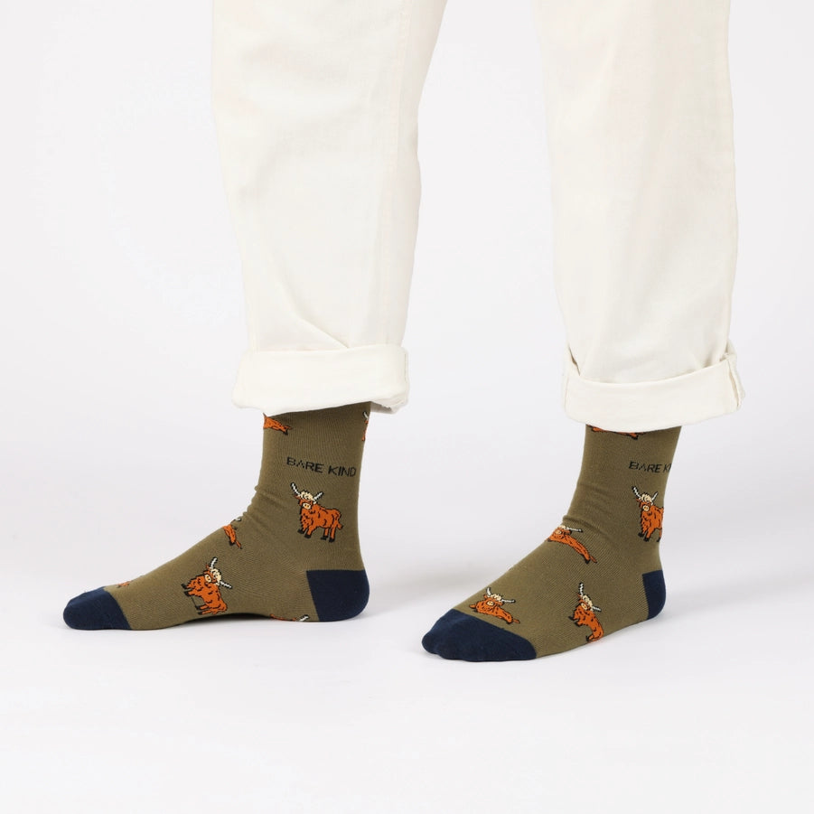 Highland Cow Socks | Bamboo Socks | Green Socks | Farm Socks