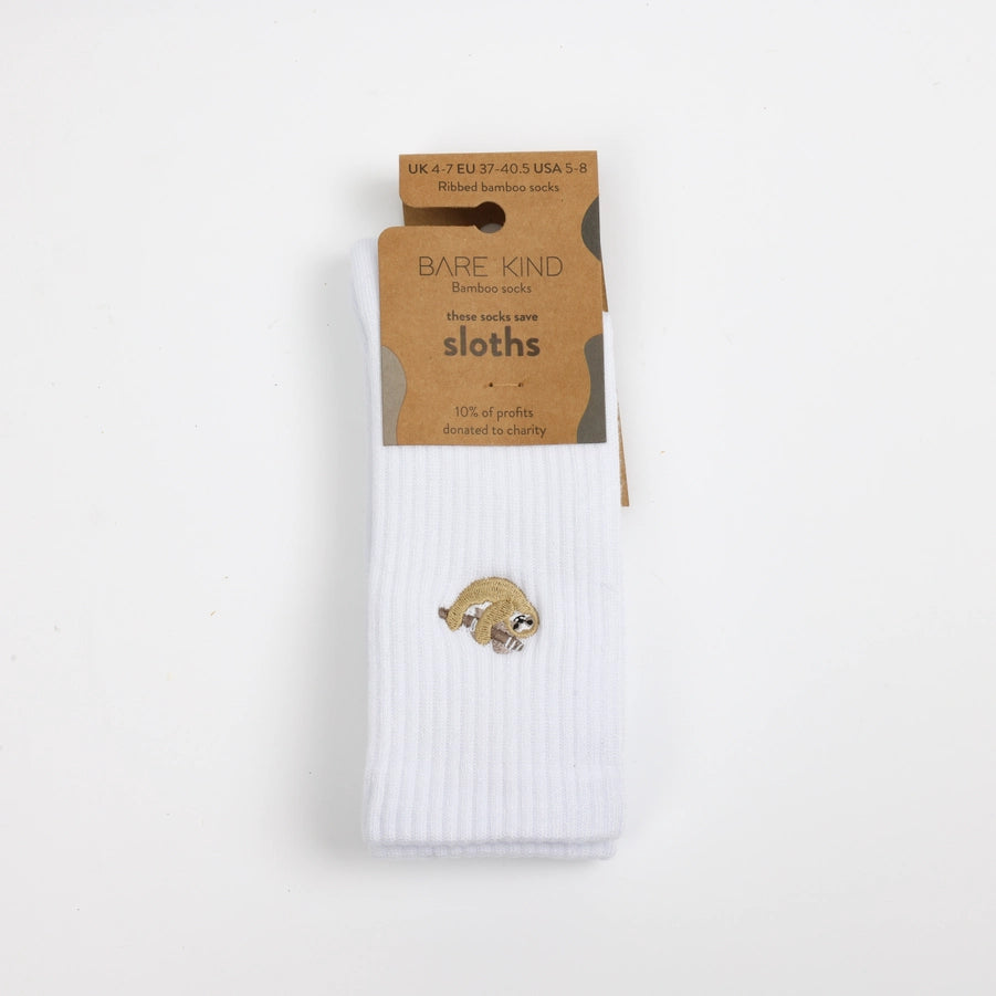 Sloth Socks | Ribbed Bamboo Socks | White Socks
