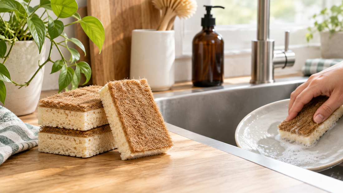 Compostable kitchen sponges made from natural plant fibres for plastic-free dishwashing