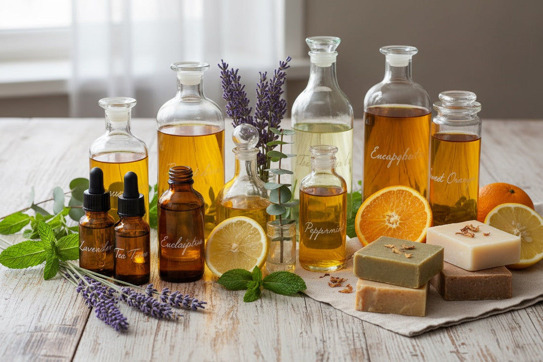 A mixture of containers with essential oils inside