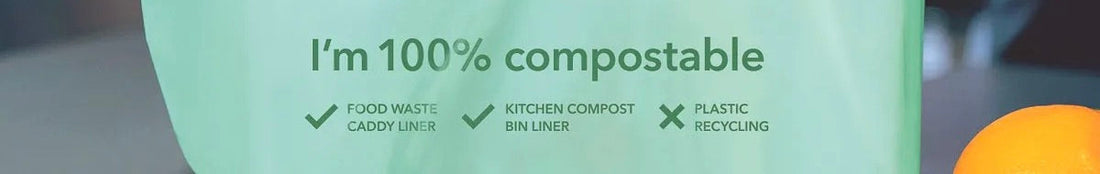 A cropped image of a compostable shopping bag showing compostable claims