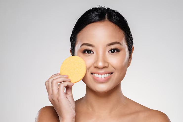 A confident looking woman cleaning her face with a konjac sponge