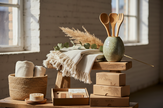 A range of natural, hand made artisnal products on a wooden bench in a rustic setting