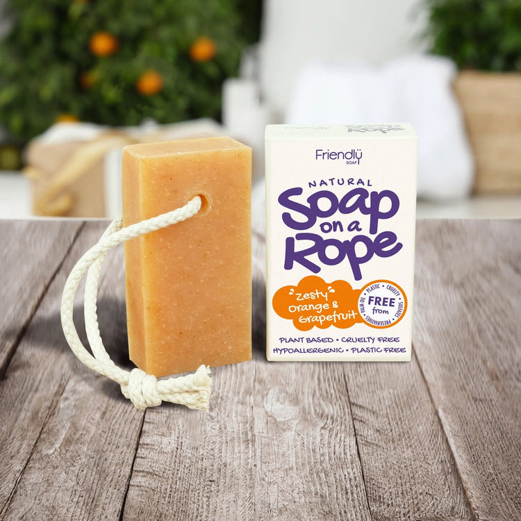 Friendyl soap on a rope on a wooden board
