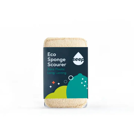 Seep eco sponge scourer case of 10, cellulose and loofah construction, plastic-free and home compostable, designed in the UK