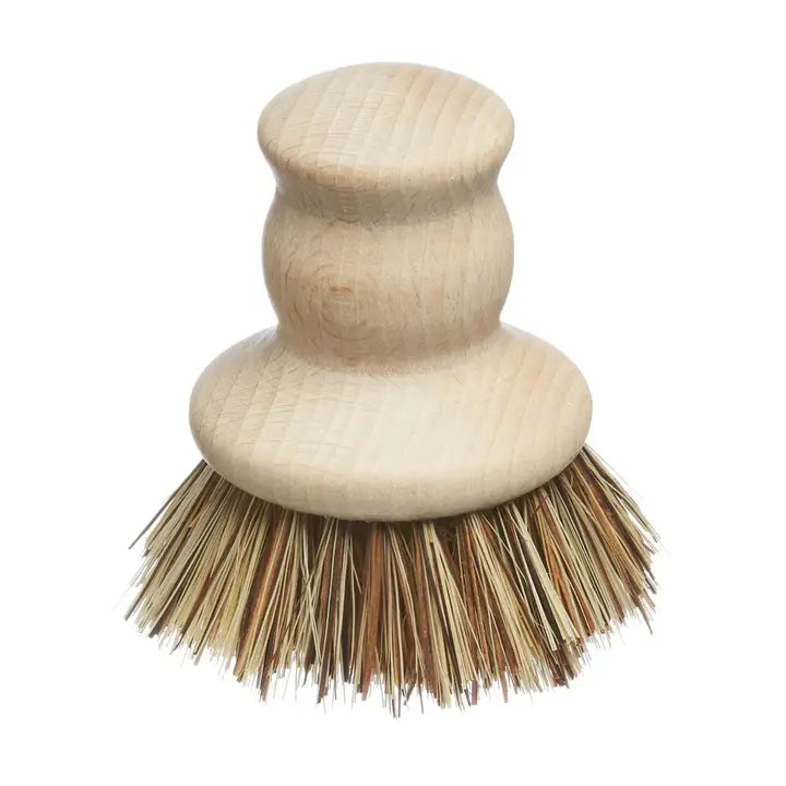 FSC certified beech wood pot brush with plant-based bristles by ecoLiving, palm-grip design for kitchen scrubbing