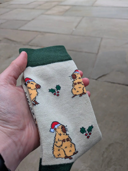 Christmas Capybara Socks | Bamboo Socks | Green Socks