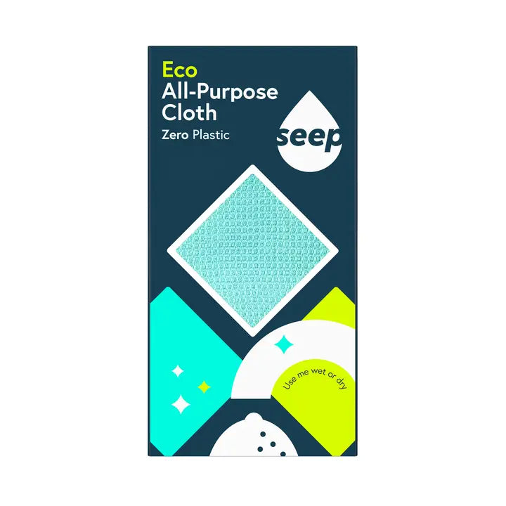 Seep all-purpose cleaning cloth in FSC-certified Lyocell fibre, plastic-free and machine washable, designed in the UK
