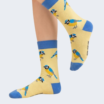 Blue tit bamboo socks by Bare Kind in yellow and blue tones, seamless toe construction, adult sizes UK 4-7 and 7-11