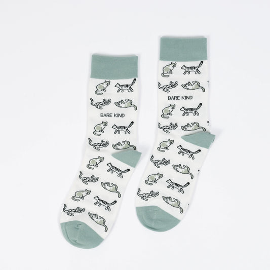 White & Green Cats Socks | Bamboo Socks | White Socks