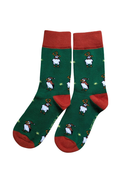 Christmas Puffin Socks | Bamboo Socks | Green Socks