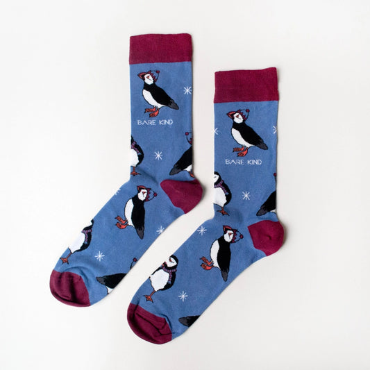 Christmas Puffin Socks | Bamboo Socks | Blue Socks