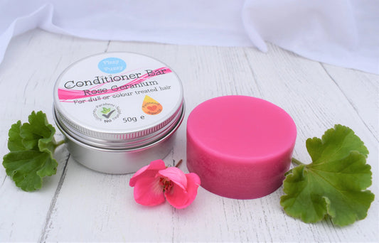 Handmade Solid Conditioner Bar in Tin. Rose Geranium.