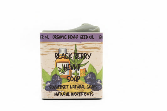 Bar of soap with a label indicating 'Black Berry Hemp Soap' from Somerset Natural Soaps.