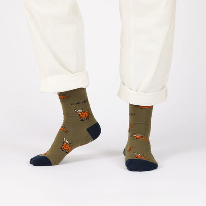 Highland Cow Socks | Bamboo Socks | Green Socks | Farm Socks