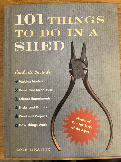 The front cover of the book '101 Things to Do in a Shed' by Rob Beattie, featuring a large pair of metal wire nuts pliers on a gray background with a red starburst sticker.