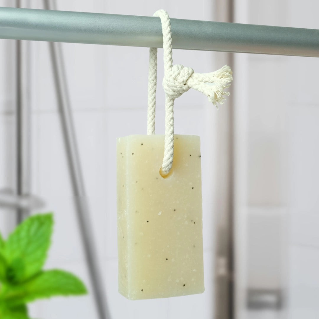 Peppermint & Poppy Seeds Natural Soap On A Rope Bar