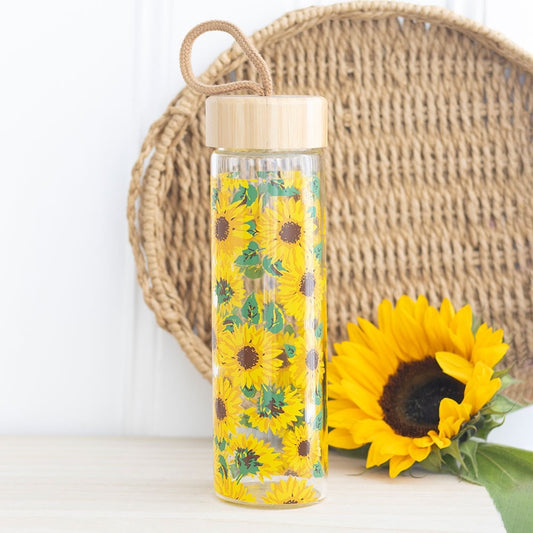 Sunflower Print Glass and Bamboo Water Bottle - 550ml