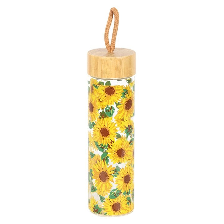 Sunflower Print Glass and Bamboo Water Bottle - 550ml