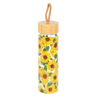 Sunflower Print Glass and Bamboo Water Bottle - 550ml