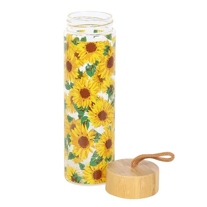 Sunflower Print Glass and Bamboo Water Bottle - 550ml