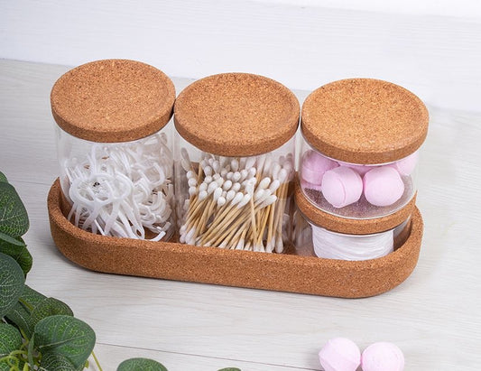 Bathroom Cork And Glass Storage Set