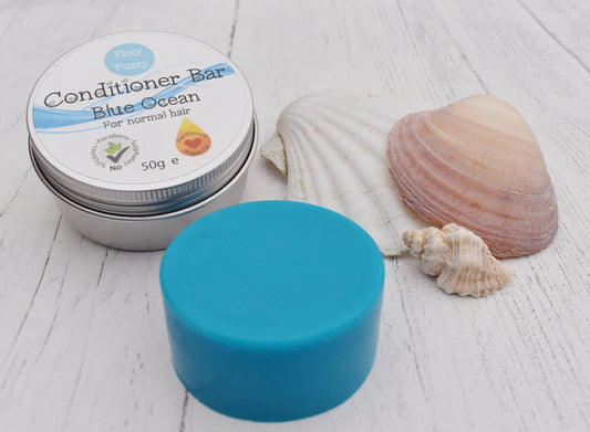 Handmade Solid Conditioner Bar in Tin. Blue Ocean. For Normal Hair.