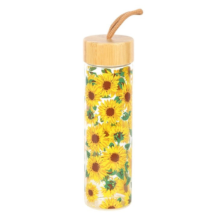 Sunflower Print Glass and Bamboo Water Bottle - 550ml