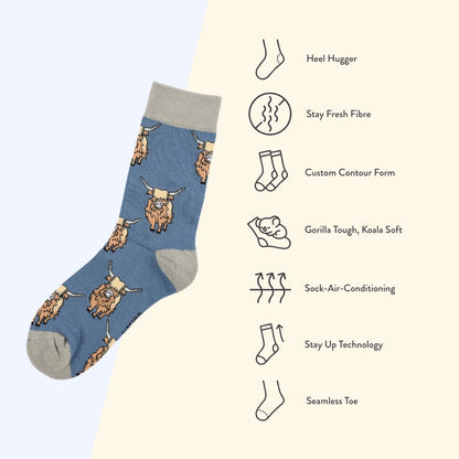 Highland Cow Socks | Bamboo Socks | Blue Socks