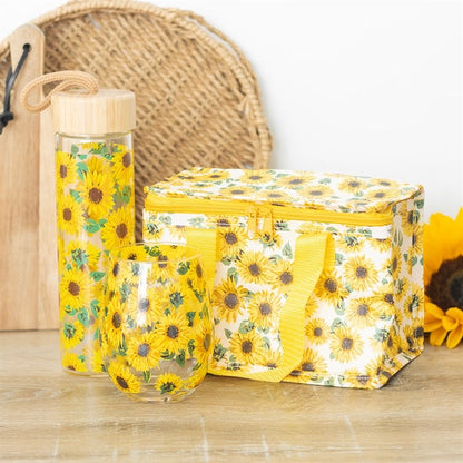 Sunflower Print Glass and Bamboo Water Bottle - 550ml