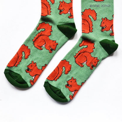 Red Squirrel Socks | Bamboo Socks | Light Green Socks