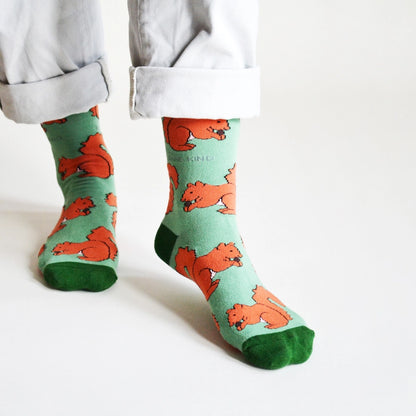 Red Squirrel Socks | Bamboo Socks | Light Green Socks