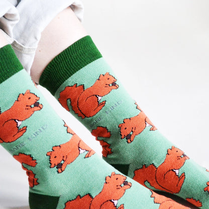Red Squirrel Socks | Bamboo Socks | Light Green Socks