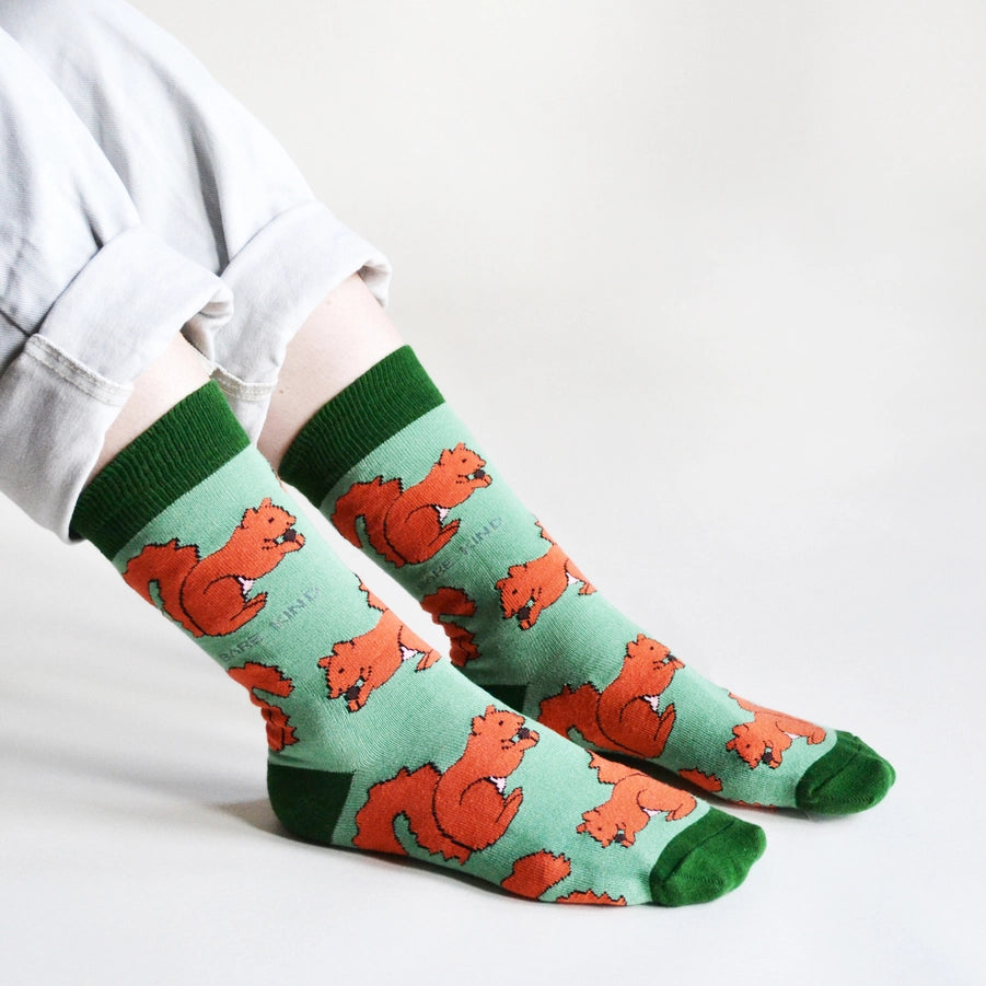 Red Squirrel Socks | Bamboo Socks | Light Green Socks
