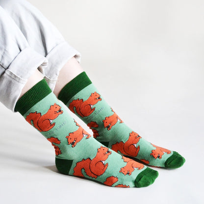 Red Squirrel Socks | Bamboo Socks | Light Green Socks