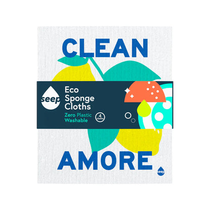 Seep Amore sponge cloths pack of 4 in decorative designs, cellulose and repurposed cotton, machine washable to 90°C, plastic-free