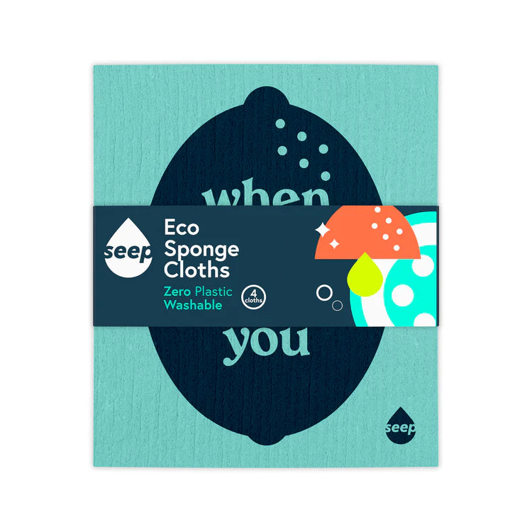 Seep eco sponge cloths pack of 4 in unique designs, made from FSC wood pulp cellulose and repurposed cotton, plastic-free