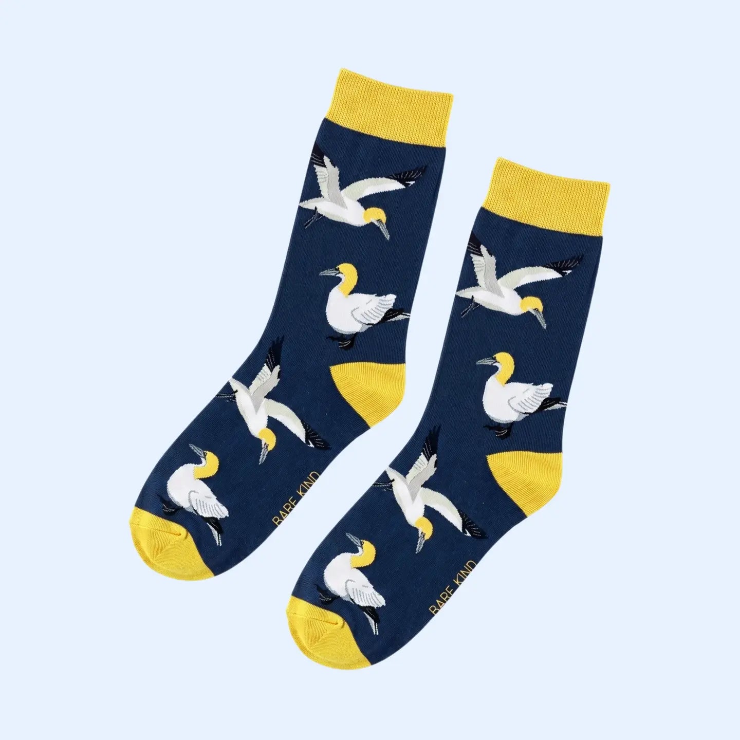 Gannet bamboo socks by Bare Kind in blue and yellow tones, seamless toe construction, adult sizes UK 4-7 and 7-11