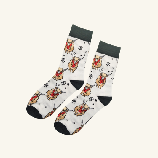 Christmas Highland Cow Socks | Festive White Bamboo Socks UK
