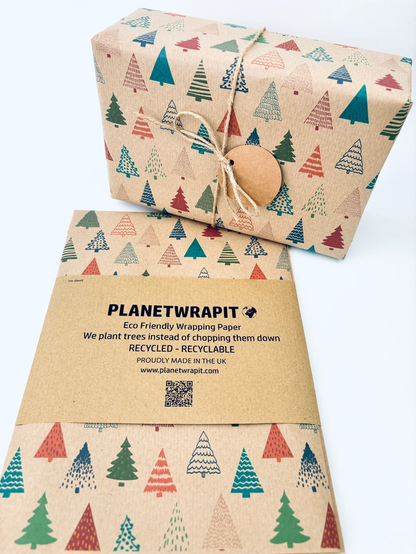 Colourful Christmas Trees Recycled Kraft Gift Wrapping Paper