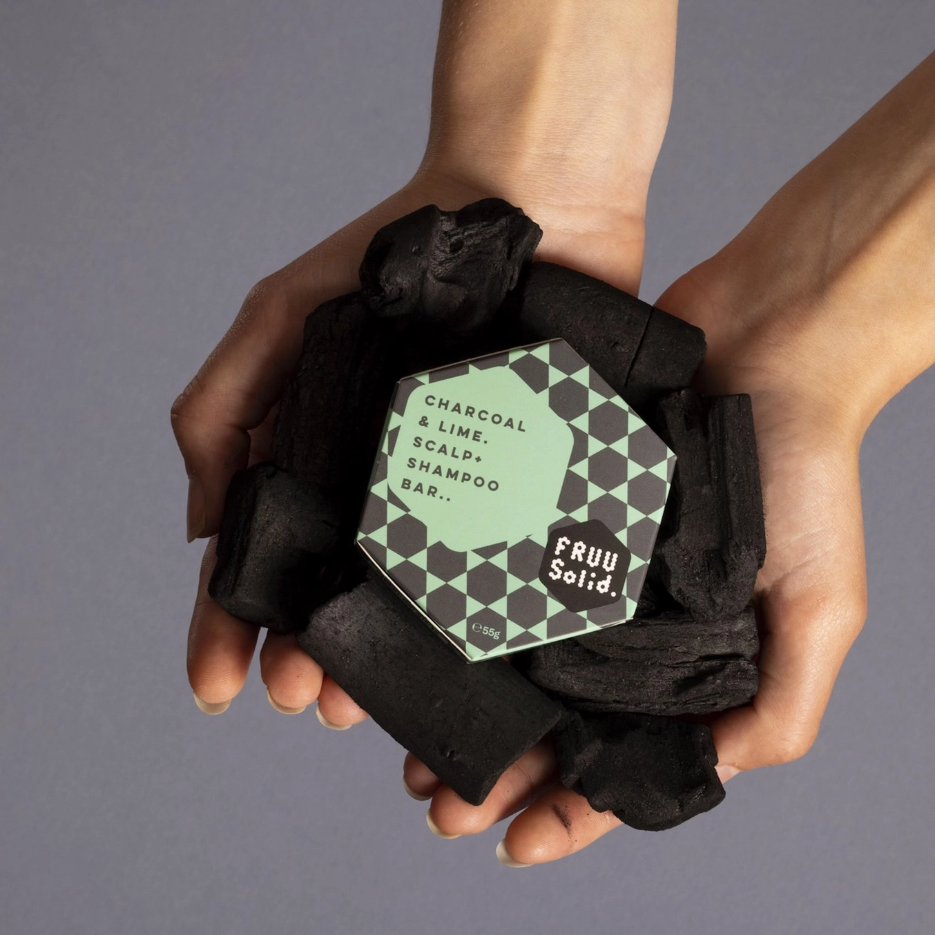 Fruu Charcoal and Lime scalp shampoo bar, handmade in London, for itchy and flaky scalps