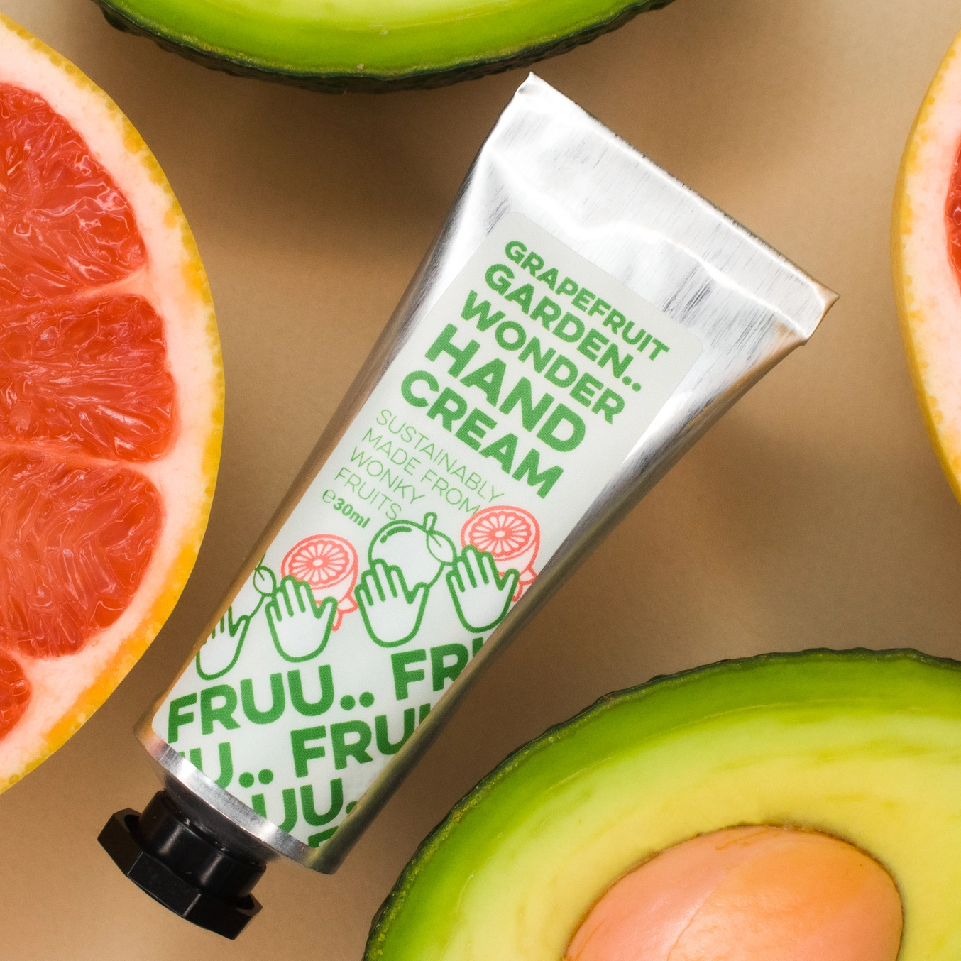 FRUU Grapefruit Garden Wonder Hand Cream 45g tube, natural hand cream with avocado oil and calendula, handcrafted in London
