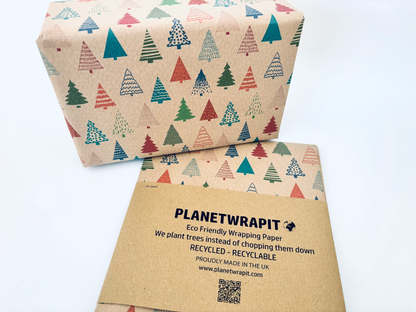 Colourful Christmas Trees Recycled Kraft Gift Wrapping Paper