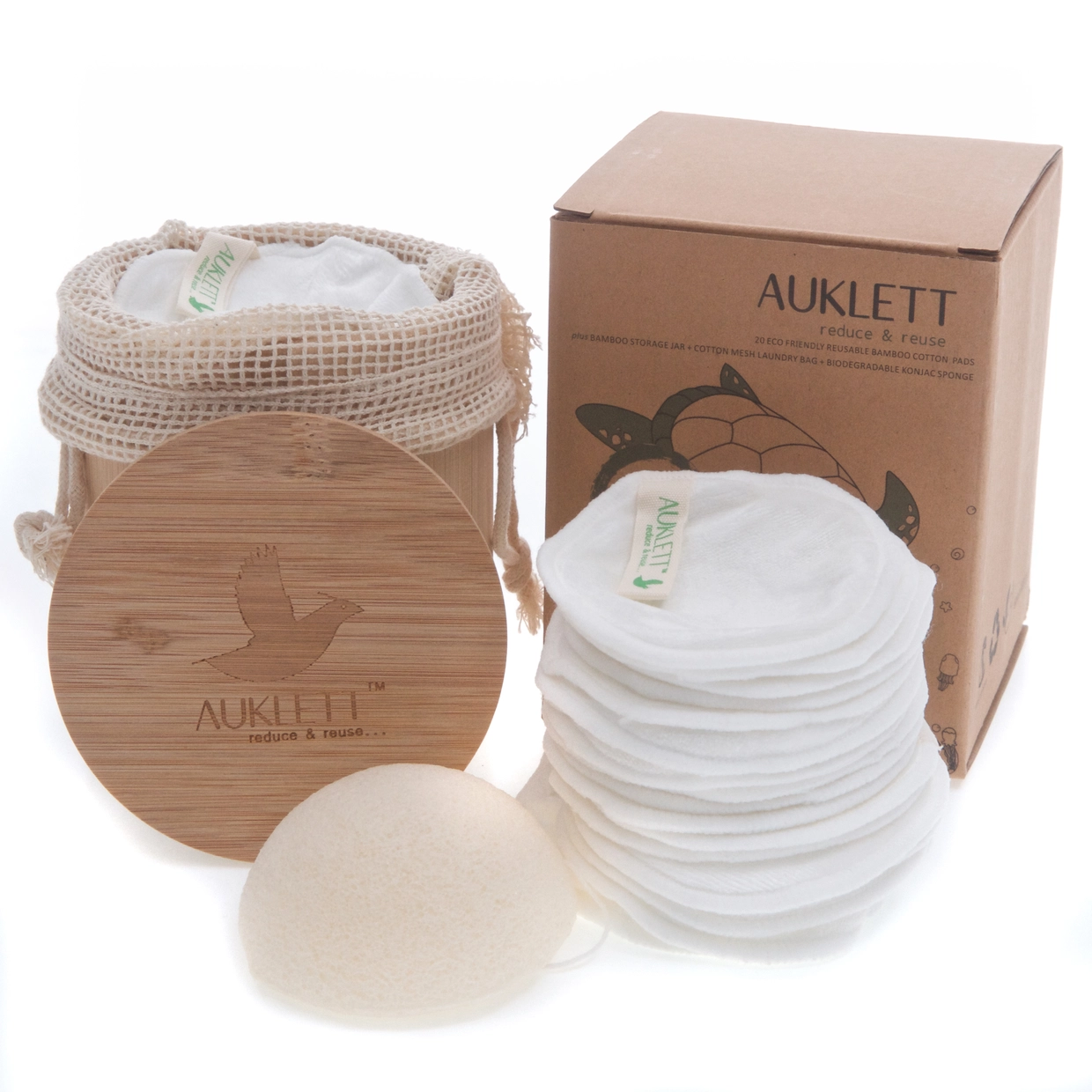 Reusable Bamboo Cotton Pads with Storage Tub and Konjac Sponge
