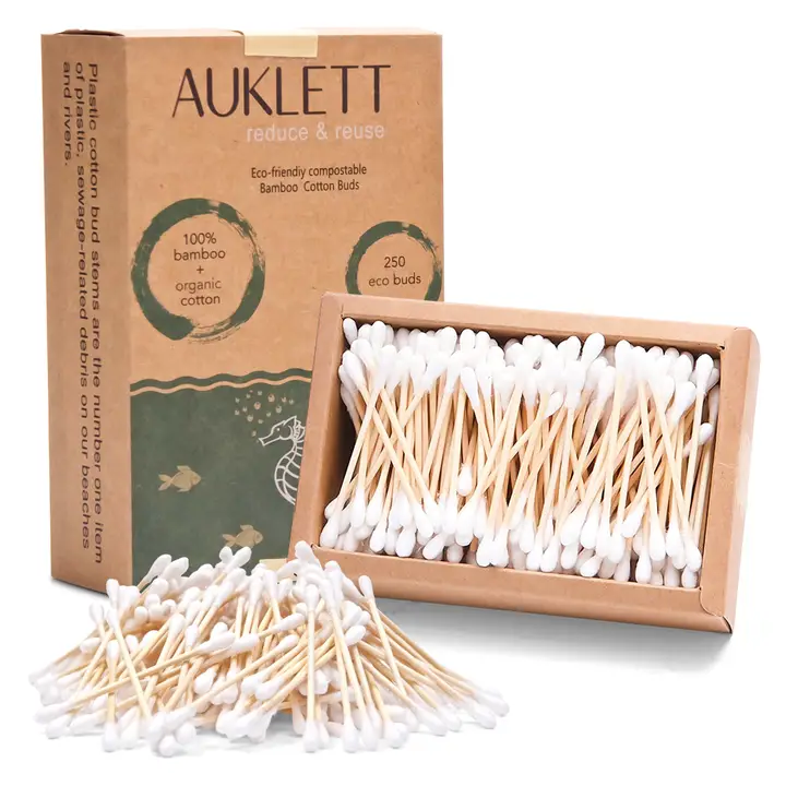Bamboo cotton buds 250 pack with firm bamboo stems and soft cotton heads, plastic-free and biodegradable