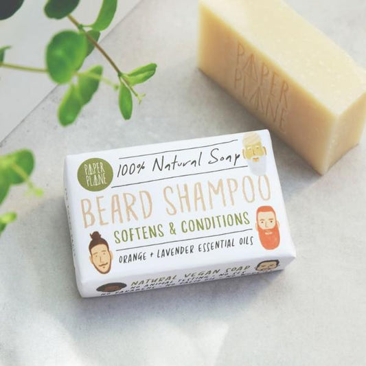Natural beard shampoo and shave bar by Paper Plane with kaolin clay and castor oil, plastic-free packaging, made in the UK