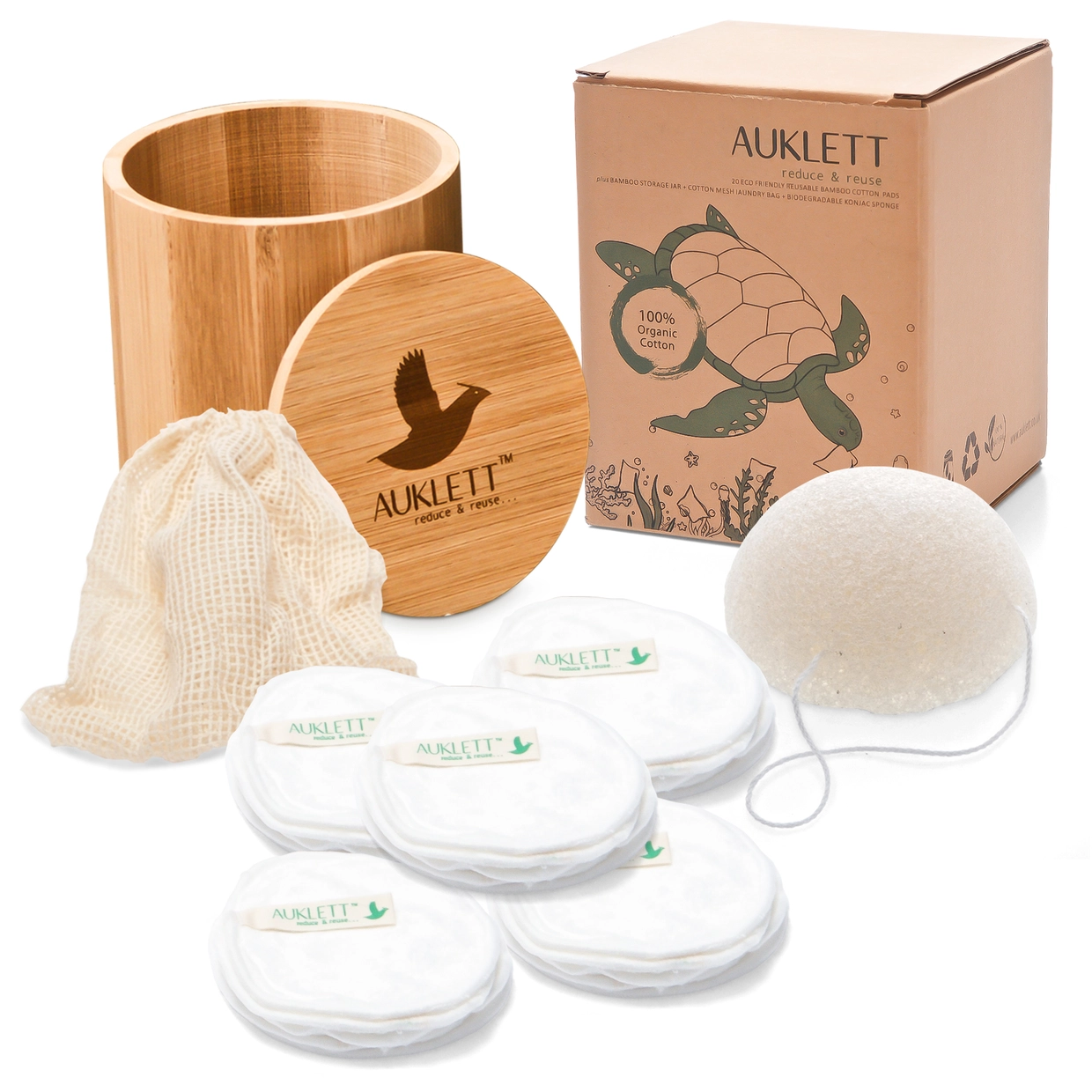 Reusable white bamboo cotton pads pack of 20 with storage tub and sponge by Auklett